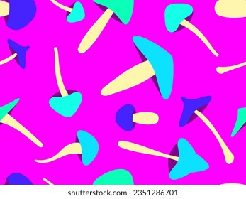 Colorful mushrooms seamless pattern. Mushroom on a long stalk in the style of the 80s. Hallucinogens and psychedelic mushrooms. Design for posters, banners and wallpapers. Vector illustration