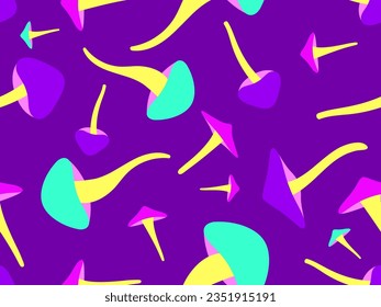 Colorful mushrooms seamless pattern. Mushroom on a long stalk in the style of the 80s. Hallucinogens and psychedelic mushrooms. Design for posters, banners and wallpapers. Vector illustration