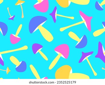 Colorful mushrooms seamless pattern. Mushroom on a long stalk in the style of the 80s. Hallucinogens and psychedelic mushrooms. Design for posters, banners and wallpapers. Vector illustration