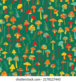 Colorful mushrooms seamless pattern. Vector illustration. Eps10. Perfect for textile, fabric, wrapping and wallpaper. 