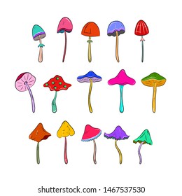 Colorful mushrooms set icons. Cartoon vector illustration. Hallucinogenic fantasy mushrooms.