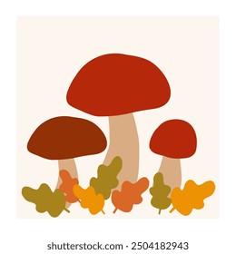 Colorful mushrooms surrounded by autumn leaves in a minimalist design setting