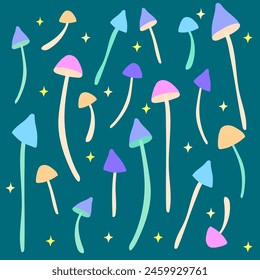 Colorful mushrooms vector pattern. Magic fungi illustration. Fantasy nature Vector design. Sparkling stars background.