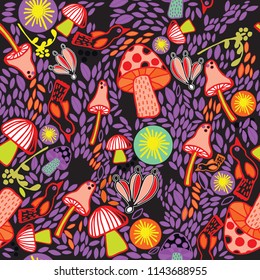 Colorful Mushrooms Vector Repeating Pattern Seamless