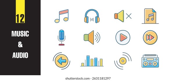 Colorful Music and Audio Line Icons perfect for apps, websites, and creative projects