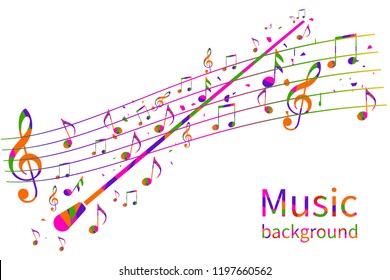 Colorful music background. Abstract conductor orchestra. Conductor's stick. Musical notes template. Vector illustration flat design. Maestro composer.