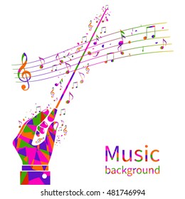 Colorful music background. Abstract  hands of conductor orchestra. Maestro, composer. Conductor's stick. Musical notes template. Vector illustration flat design.
