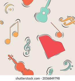 Colorful music background, cartoon hand drawn notes and instruments. Children backdrop. Seamless pattern, vector illustration