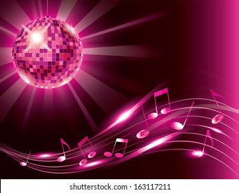 Colorful music background with disco ball and notes
