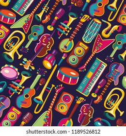 Colorful music background. Music festival poster. Colorful music instruments. Vector illustration