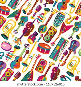 Colorful music background. Music festival poster. Colorful music instruments. Vector illustration