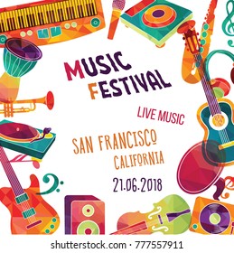 Colorful music background. Music festival poster design. Vector illustration