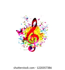 Colorful music background with G-clef vector illustration design. Artistic music festival poster, live concert, party flyer, music notes signs and symbols