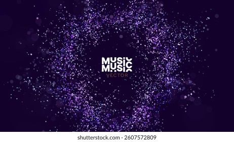 Colorful Music Background With Glowing Particles, Abstract Light Swirl And Purple Energy Wave On Dark Stage. Perfect For Events, Clubs, Or Dance Themes. Vector Illustration.