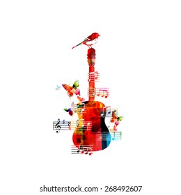 Colorful music background with guitar and a bird
