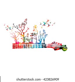 Colorful music background with guitar fretboard and hummingbirds