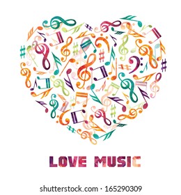Colorful music background. Heart with notes