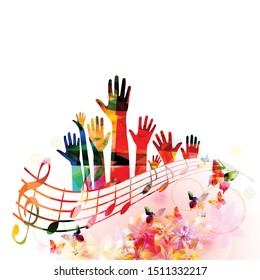 Colorful music background with human hands raised and music notes isolated vector illustration design. Artistic music festival poster, live concert events, party flyer, music notes signs and symbols