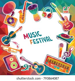 Colorful music background. Music instruments. Music festival poster. Vector illustration