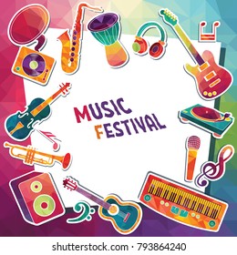 Colorful music background. Music instruments. Music festival poster. Vector illustration