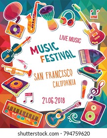 Colorful music background. Music instruments. Music party. Music festival poster. Vector illustration