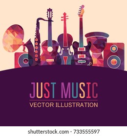 Fundo de música colorido. Instrumentos musicais pôster. Ilustração vetorial