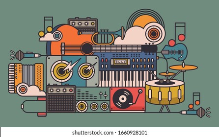 Colorful music background. Music instruments background. Music vector illustration. Collage with musical instruments