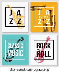 Colorful music background. Jazz music, Rock and Roll, Classic Music poster concepts. Vector illustration