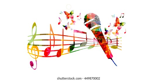 Colorful music background with microphone and music notes