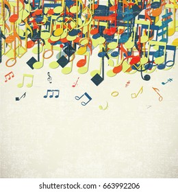 Colorful music background with multicolored musical notes on top of the figure vector illustration