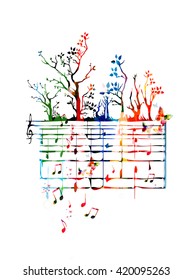 Colorful music background with music notes and butterflies