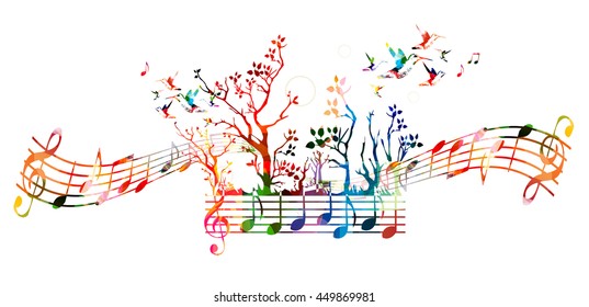 Colorful music background with music notes and hummingbirds