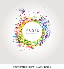 Colorful music background with music notes vector illustration design. Artistic music festival poster, live concert, party flyer, music notes signs and symbols web banner