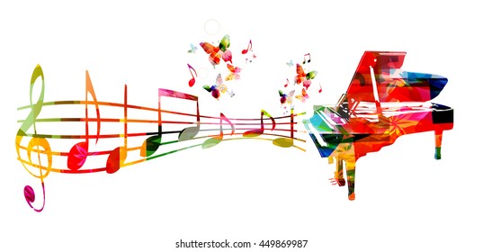 Colorful music background with piano and music notes