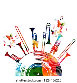 Colorful music background poster with vinyl record, trumpet and music notes. Music festival poster vector illustration