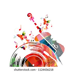 Colorful music background poster with vinyl record, violoncello and music notes. Music festival poster vector illustration