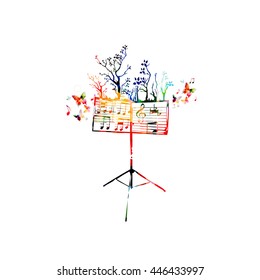 Colorful music background with music stand and butterflies