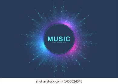 Colorful music and dance night party banner or poster. Background with fractal grid, radial sound wave, equalizer. Vector illustration