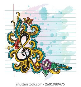 Colorful Music Doodle with Treble Clef and Floral Elements