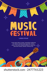 Colorful music festival flyer with guitar and maracas on a dark background. Vector illustration