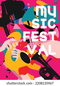 Colorful music festival poster background with musical instruments. Vector illustration. Artistic music festival design. Live concert events creative banner. Party flyer invitation