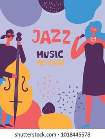 Colorful music festival poster in flat design with musicians playing music instruments