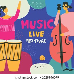 Colorful music festival poster in flat design with musicians playing music instruments