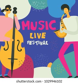 Colorful music festival poster in flat design with musicians playing music instruments