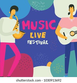Colorful music festival poster in flat design with musicians playing music instruments