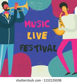 Colorful music festival poster in flat design with musicians playing music instruments