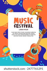 Colorful music festival poster with guitar and maracas on abstract background. Vector illustration