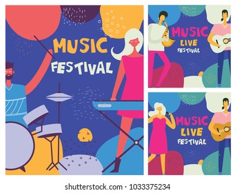 Colorful music festival posters in flat design with musicians playing music instruments