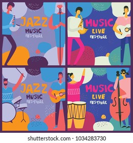 Colorful music festival posters in flat design with musicians playing music instruments
