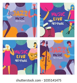 Colorful music festival posters in flat design with musicians playing music instruments